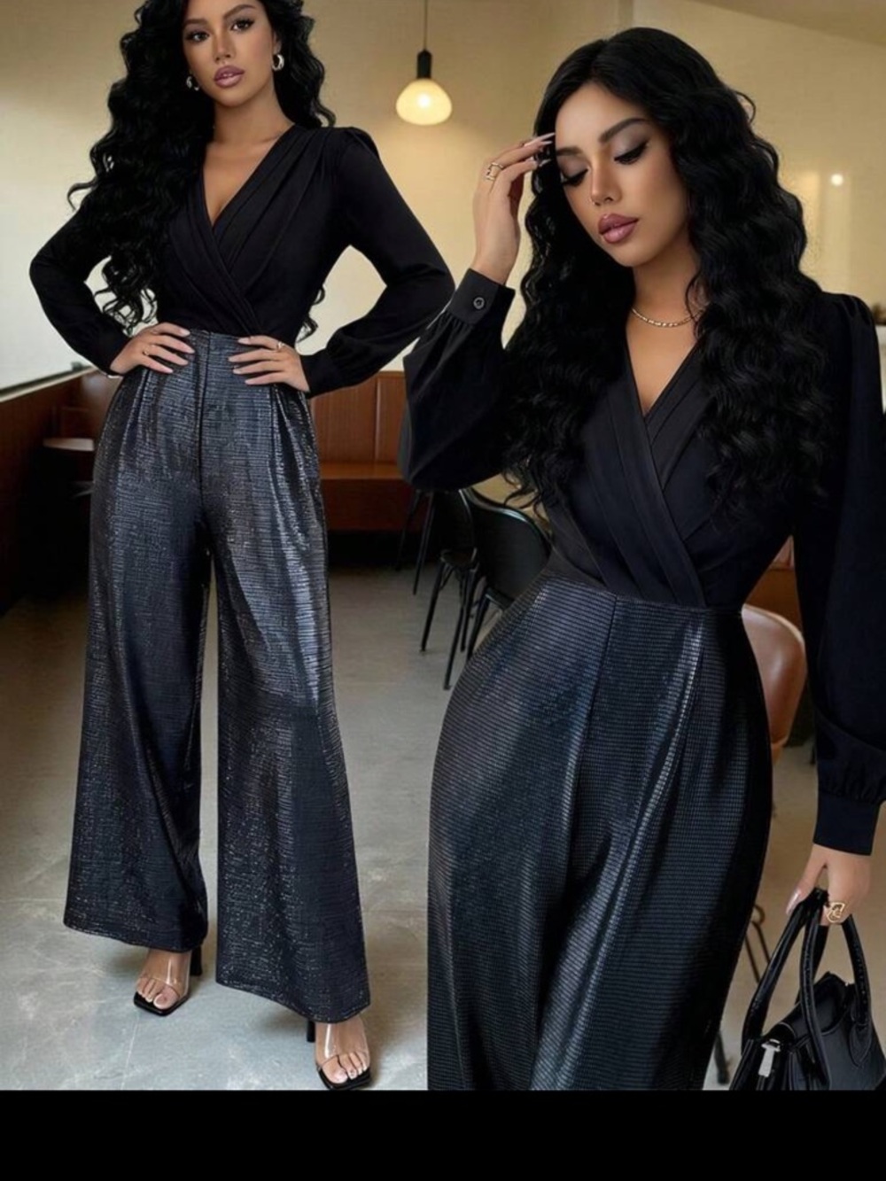 Black Metallic Wide Leg Jumpsuit V Neck Long Sleeve Size M